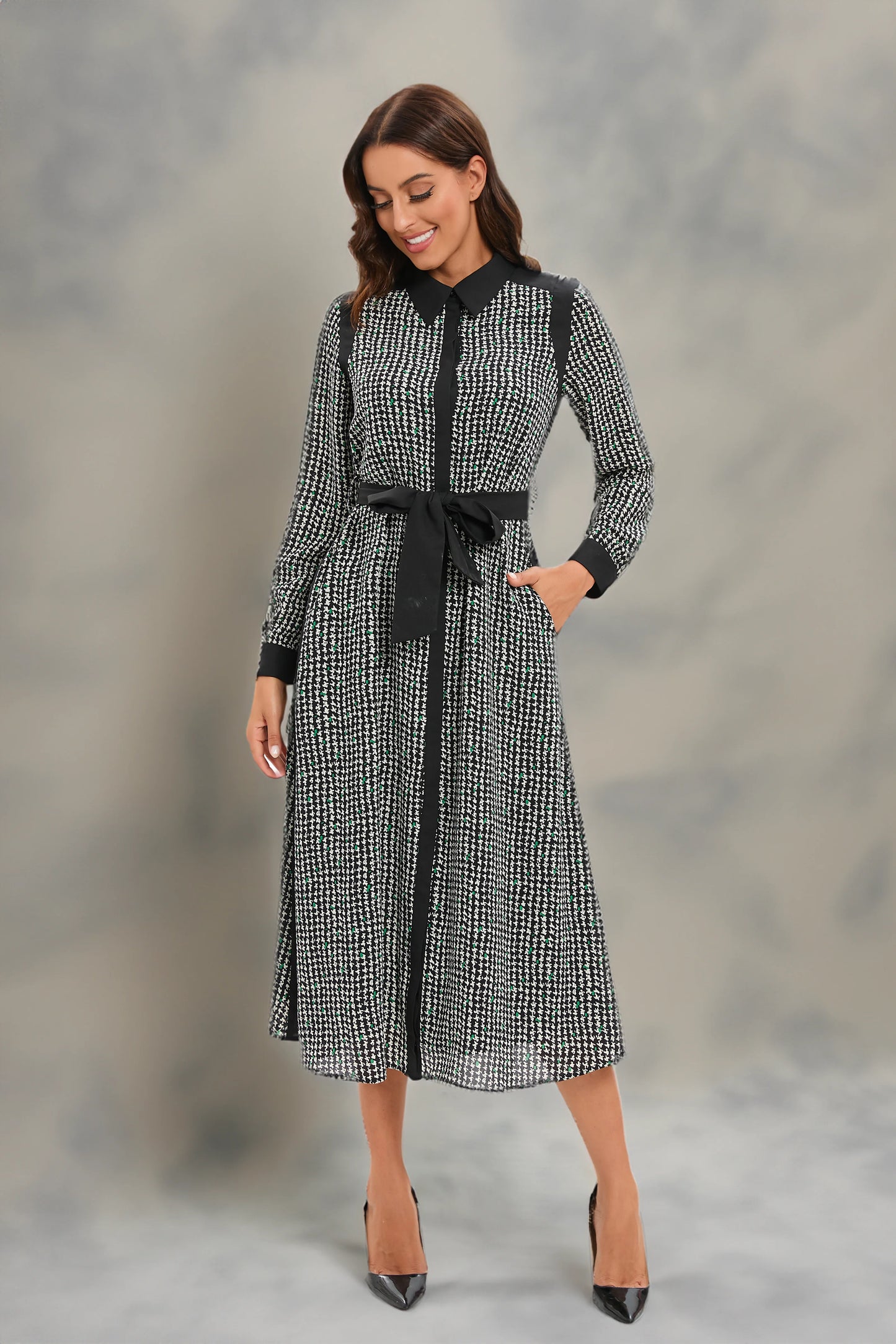 Muted Print Midi Dress with Pockets
