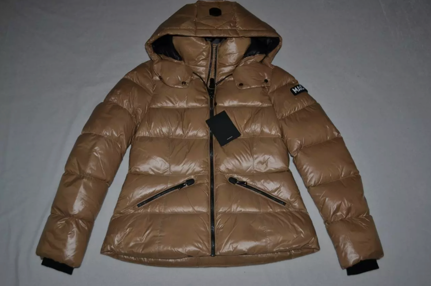 Madalyn Lustrous Light Down Jacket With Hood In Brown (Size: 40)