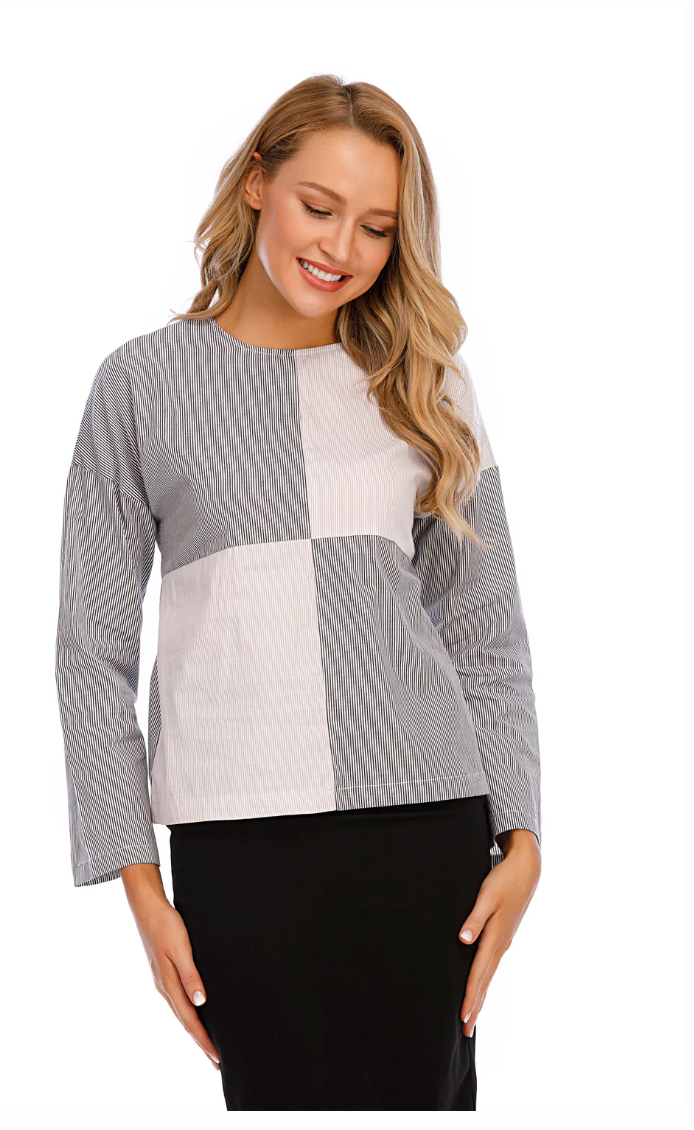 Miss Finch NYC | Mixed Stripe Long Sleeve Self Belt Cotton Top (Size: Large)