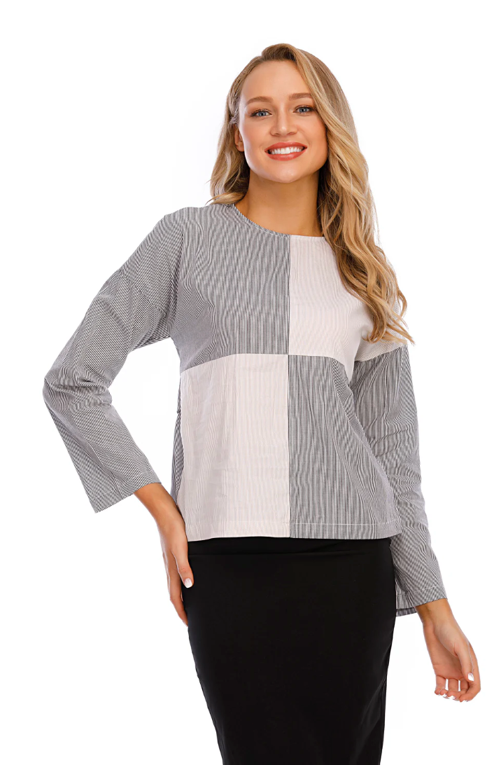 Miss Finch NYC | Mixed Stripe Long Sleeve Self Belt Cotton Top (Size: Large)