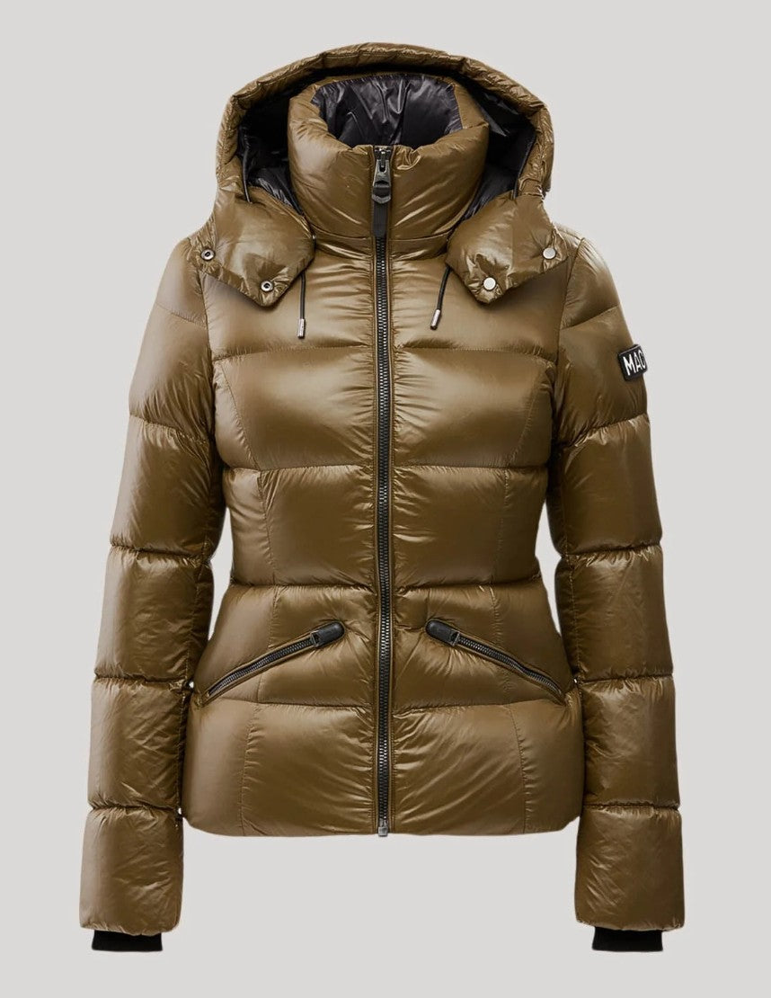 Madalyn Lustrous Light Down Jacket With Hood In Brown (Size: 40)